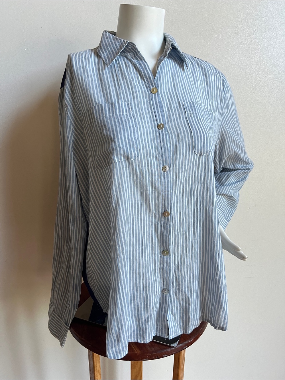 Chico's Striped Button-Down Shirt with Navy floral & Lace Back - Picture 5 of 9